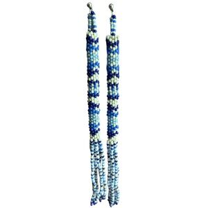 Handmade Blue & White Seed Bead Fringe Pierced Earrings Native American Design